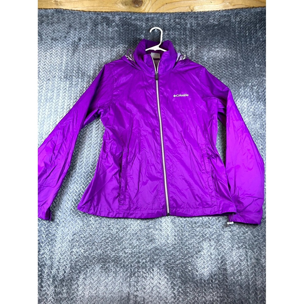 Columbia Windbreaker Jacket Womens Large Purple Hooded Nylon Outdoor Full Zip